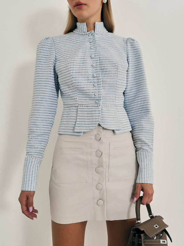 Diedre Textured Pearl Trim Jacket | Pastel Blue