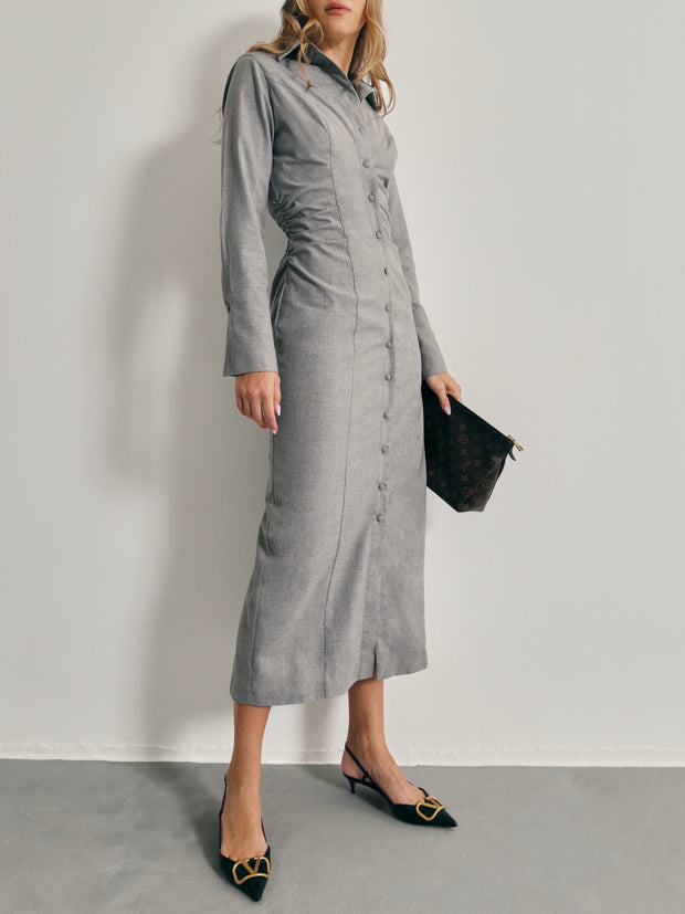 Elina Gathered Side Shirt Dress | Grey