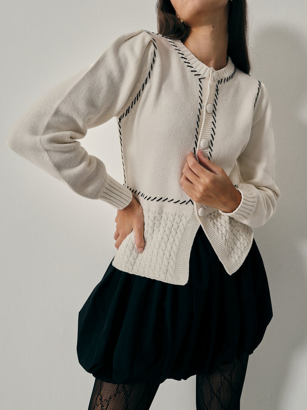 Ella Contrast Stitch Cardigan | Cream