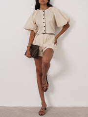 Ellena Contrast Volume Sleeve Top | Almond/Black