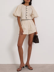 Ellena Contrast Volume Sleeve Top | Almond/Black