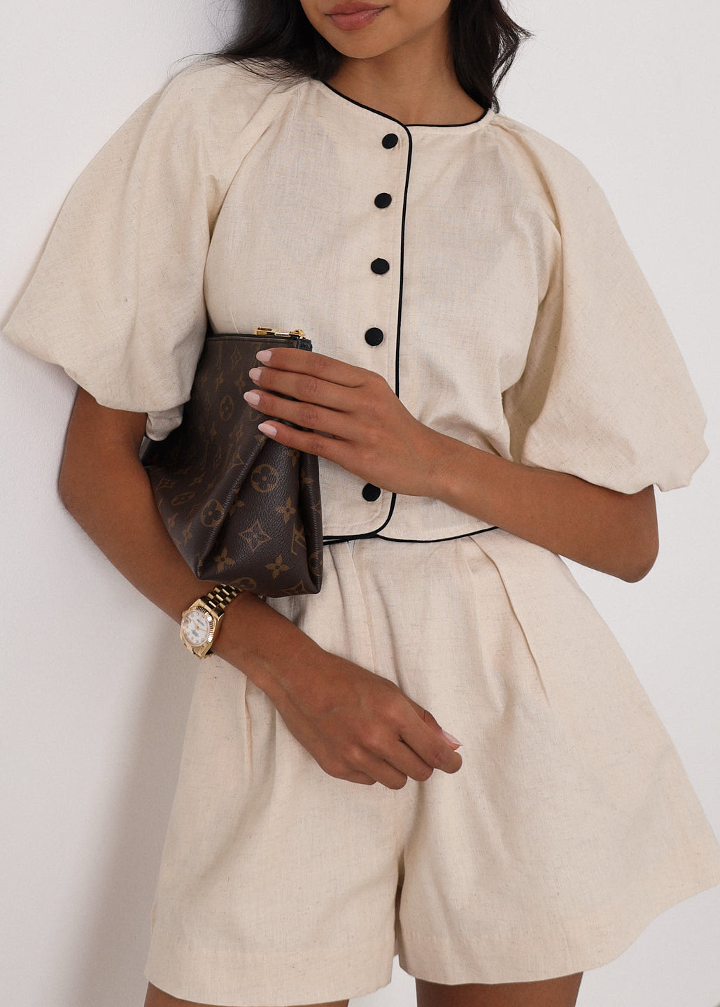 Ellena Contrast Detail Summer Shorts | Almond/Black
