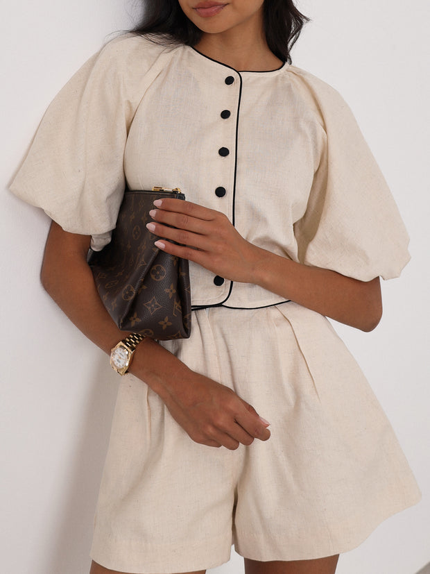 Ellena Contrast Volume Sleeve Top | Almond/Black