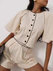 Ellena Contrast Volume Sleeve Top | Almond/Black