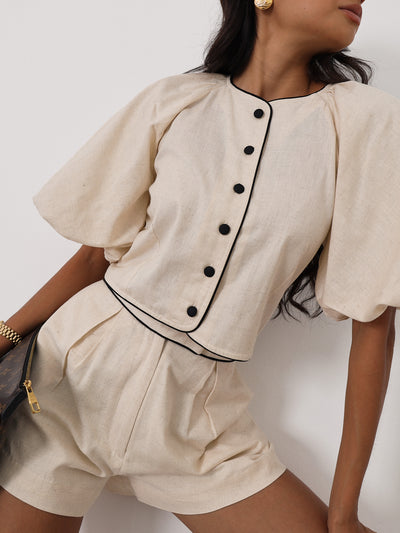 Ellena Contrast Volume Sleeve Top | Almond/Black