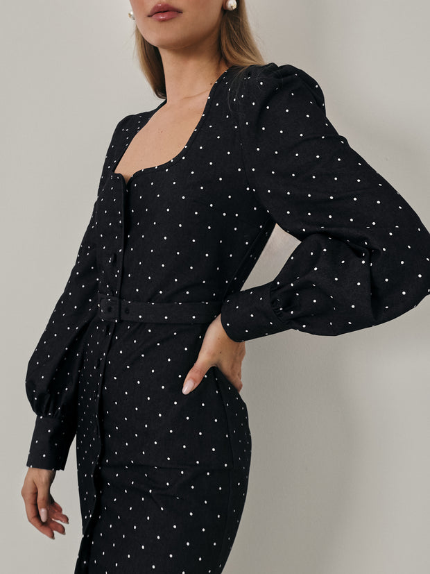 Elody Polka Society Belted Dress | Slate Black