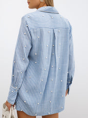 Elyssa Stripe Shirt With Pearls | Blue/White