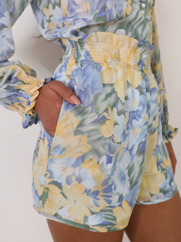 Espen Print Shirred Waist Shorts | Blue/Lemon