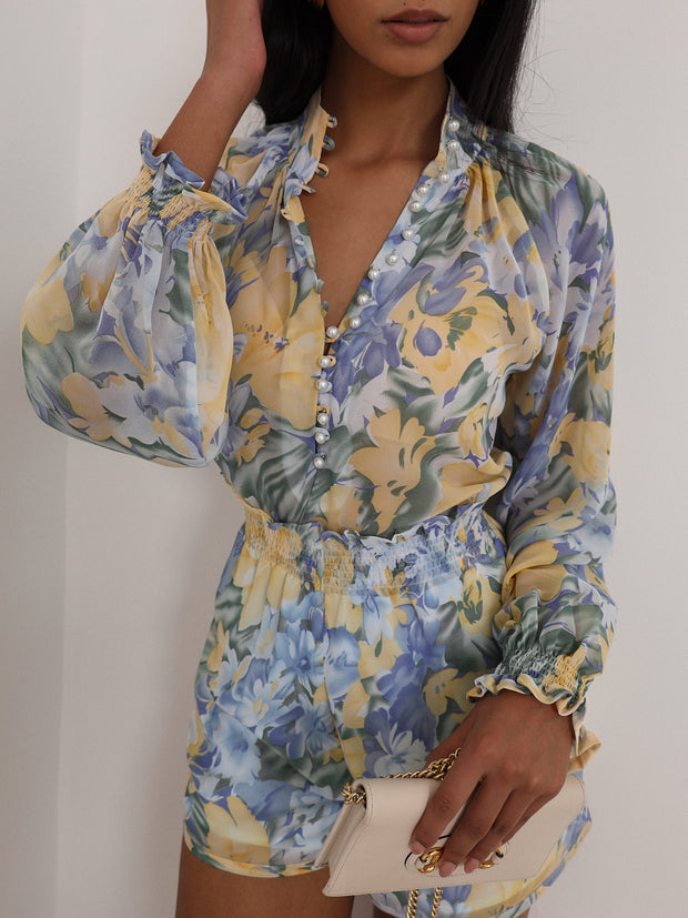 Espen Print Shirred Waist Shorts | Blue/Lemon