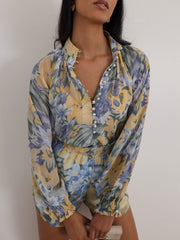 Espen Print Shirred Waist Shorts | Blue/Lemon