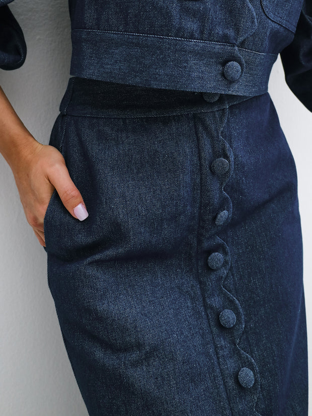 Estella Scallop Edge Denim Skirt | Denim Blue