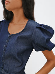 Gallinara Sweet Heart Neck Denim Top | Denim Blue