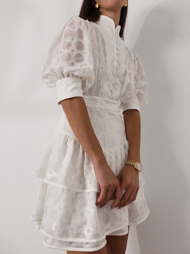 Gina Embroidered Tiered Frill Dress | Ivory