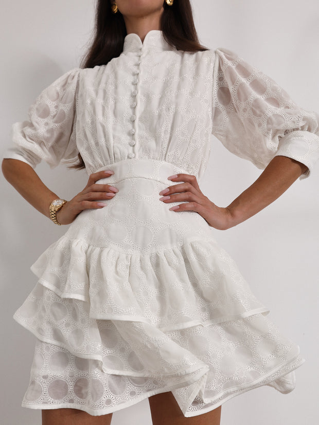 Gina Embroidered Tiered Frill Dress | Ivory