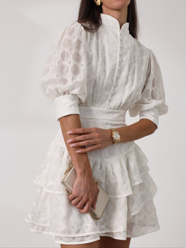 Gina Embroidered Tiered Frill Dress | Ivory