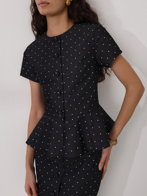 Helena Denim Top With Polka Print | Black/White