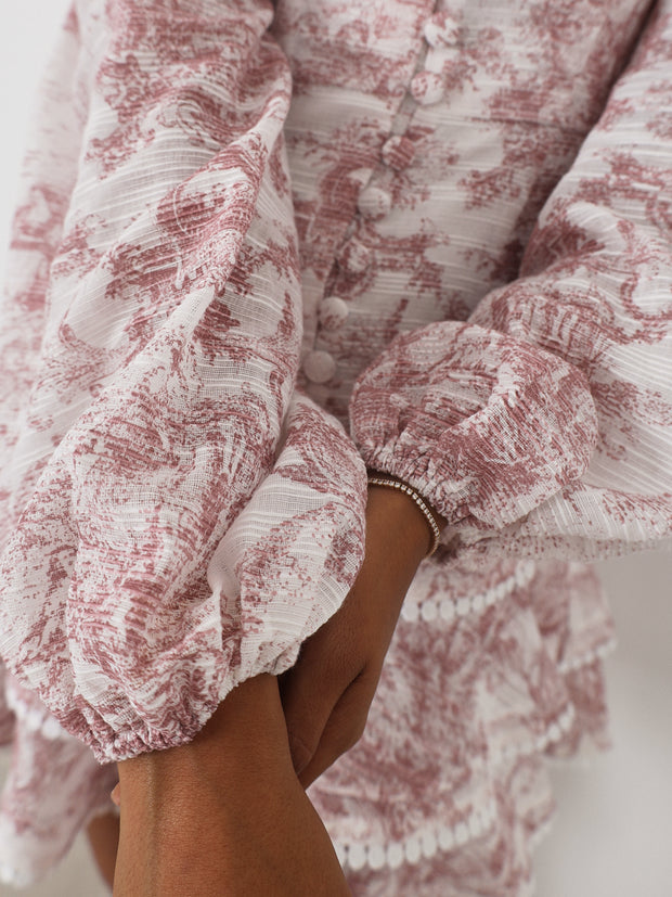 Janelle Elegant Frill Day Dress | White & Pink