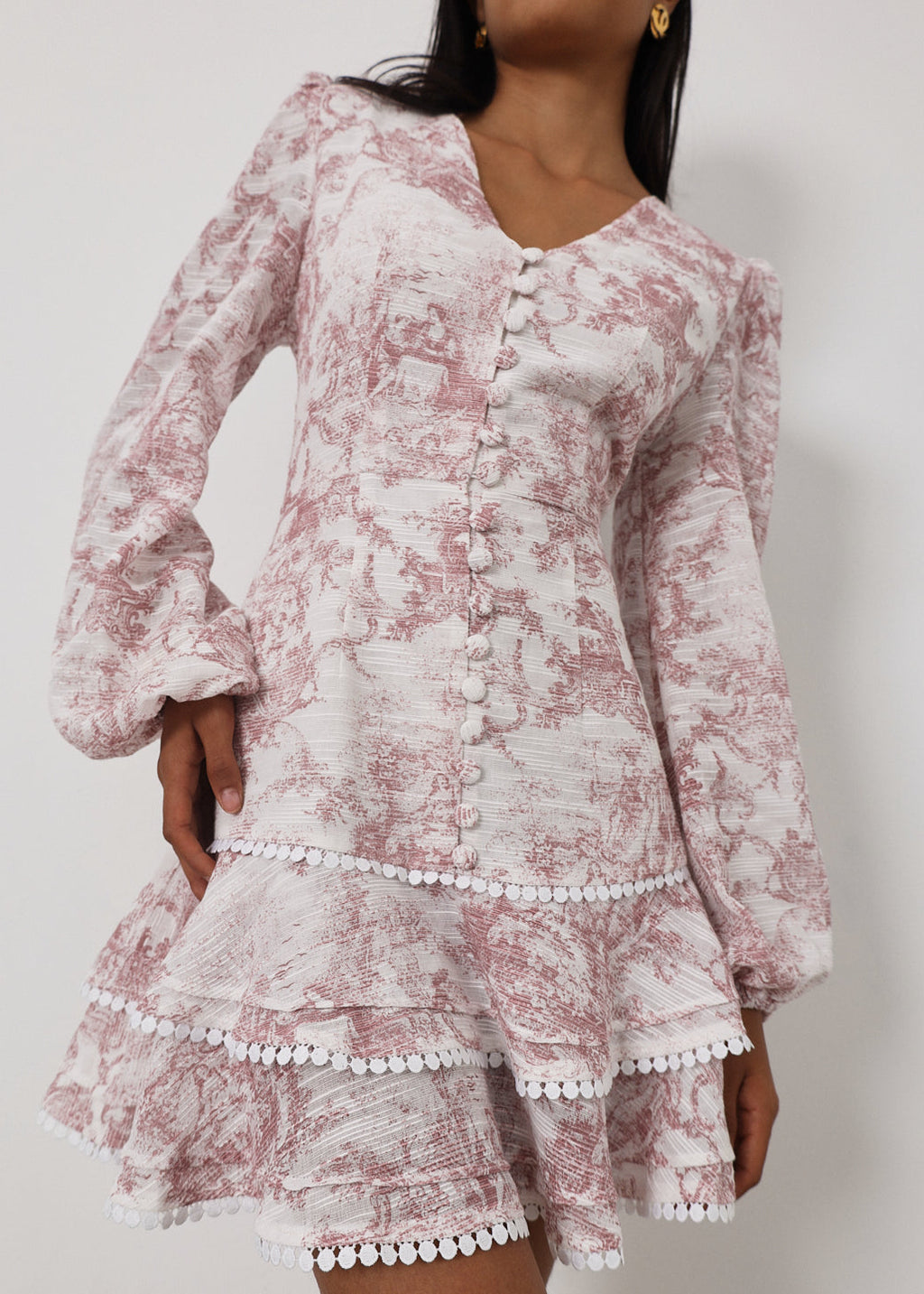 Janelle Elegant Frill Day Dress | White & Pink