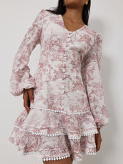 Janelle Elegant Frill Day Dress | White & Pink