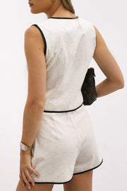Julii Linen Blend Contrast Trim Tailored Skort | Beige & Black