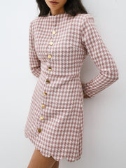 Kailani Scallop Front Tweed Dress | Pink Dogtooth