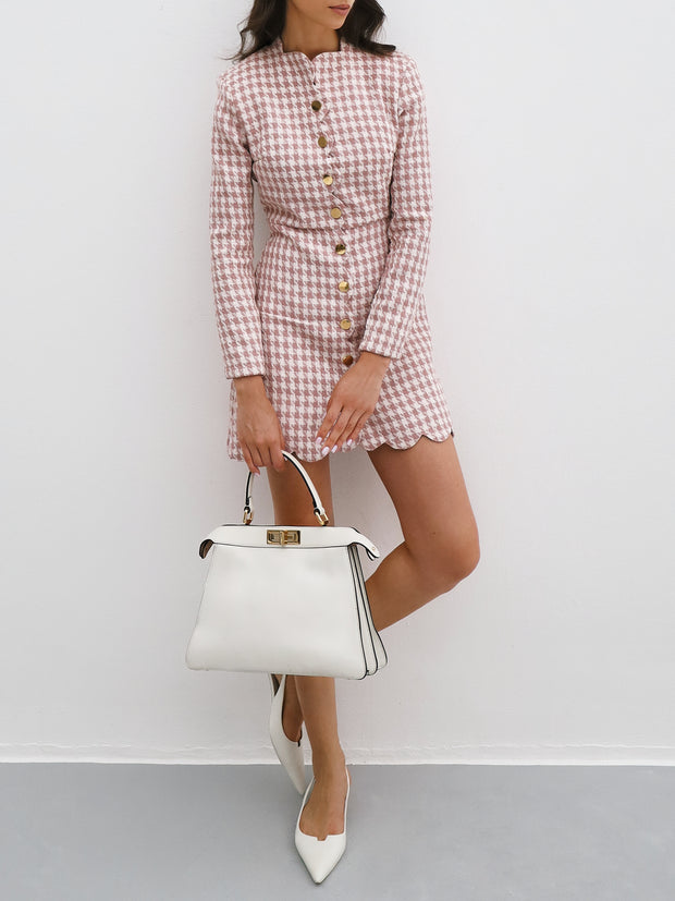 Kailani Scallop Front Tweed Dress | Pink Dogtooth