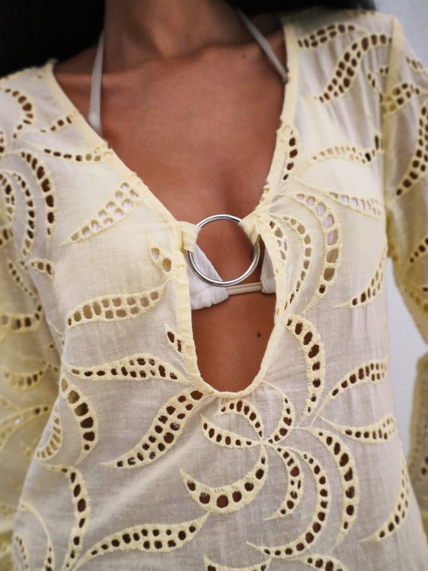 Kendra Cotton Cutwork Cover Up Dress | Lemon