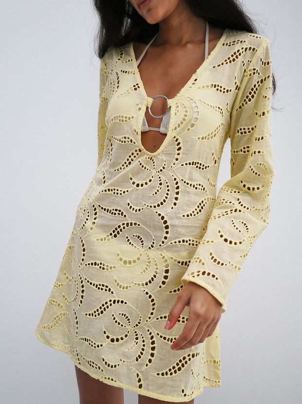 Kendra Cotton Cutwork Cover Up Dress | Lemon