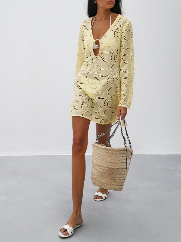 Kendra Cotton Cutwork Cover Up Dress | Lemon