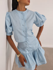 Laney Button Through Linen Blouse | Pastel Blue