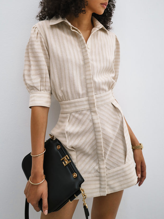 Levante Linen Blend Stripe Dress | Beige Stripe