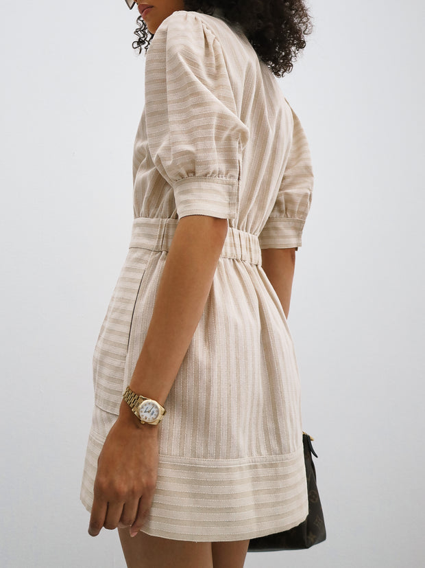 Levante Linen Blend Stripe Dress | Beige Stripe