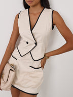 Julii Linen Blend Contrast Trim Waistcoat Top | Beige & Black