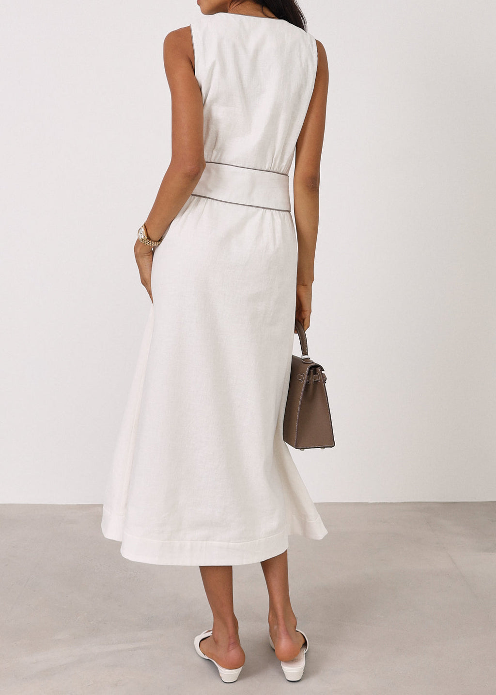 Arania Linen Contrast Trim Dress | White/Taupe