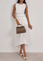 Arania Linen Contrast Trim Dress | White/Taupe