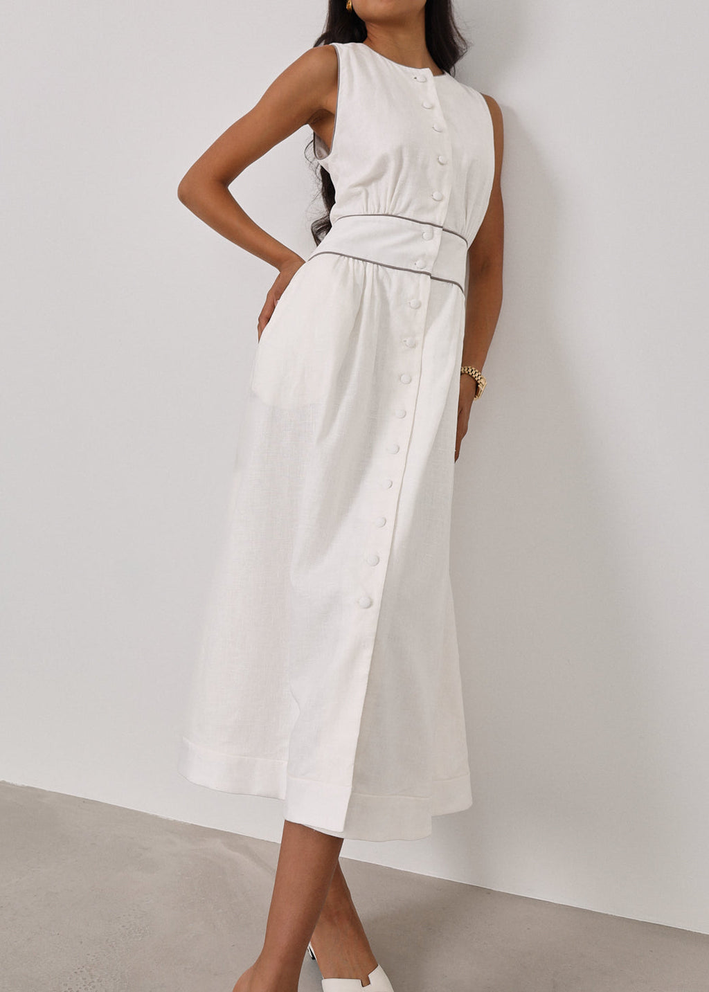 Arania Linen Contrast Trim Dress | White/Taupe