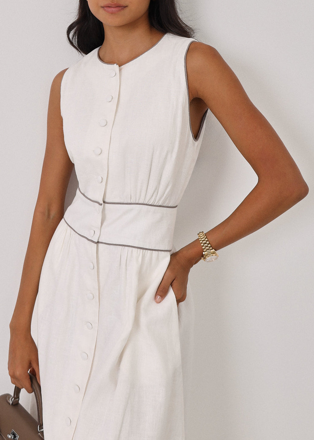 Arania Linen Contrast Trim Dress | White/Taupe
