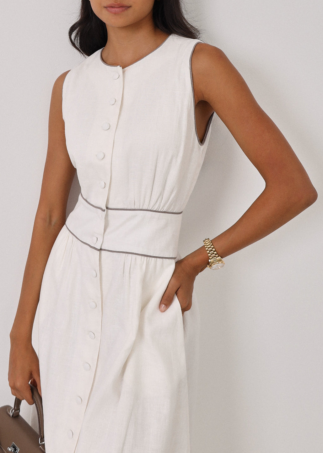 Arania Linen Contrast Trim Dress | White/Taupe