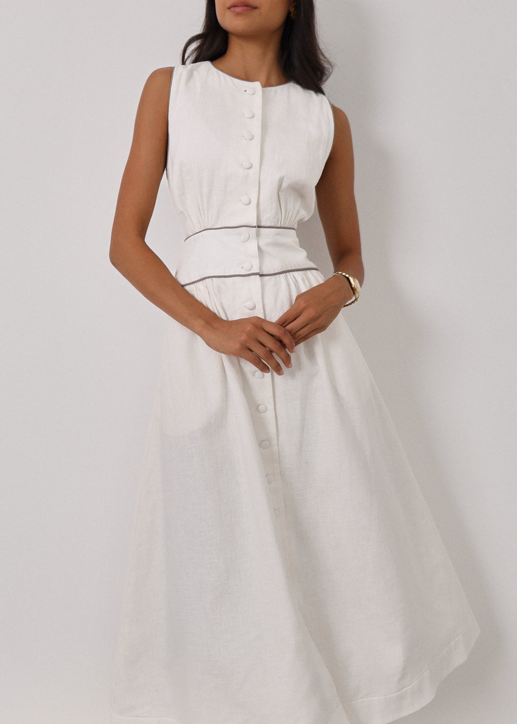 Arania Linen Contrast Trim Dress | White/Taupe