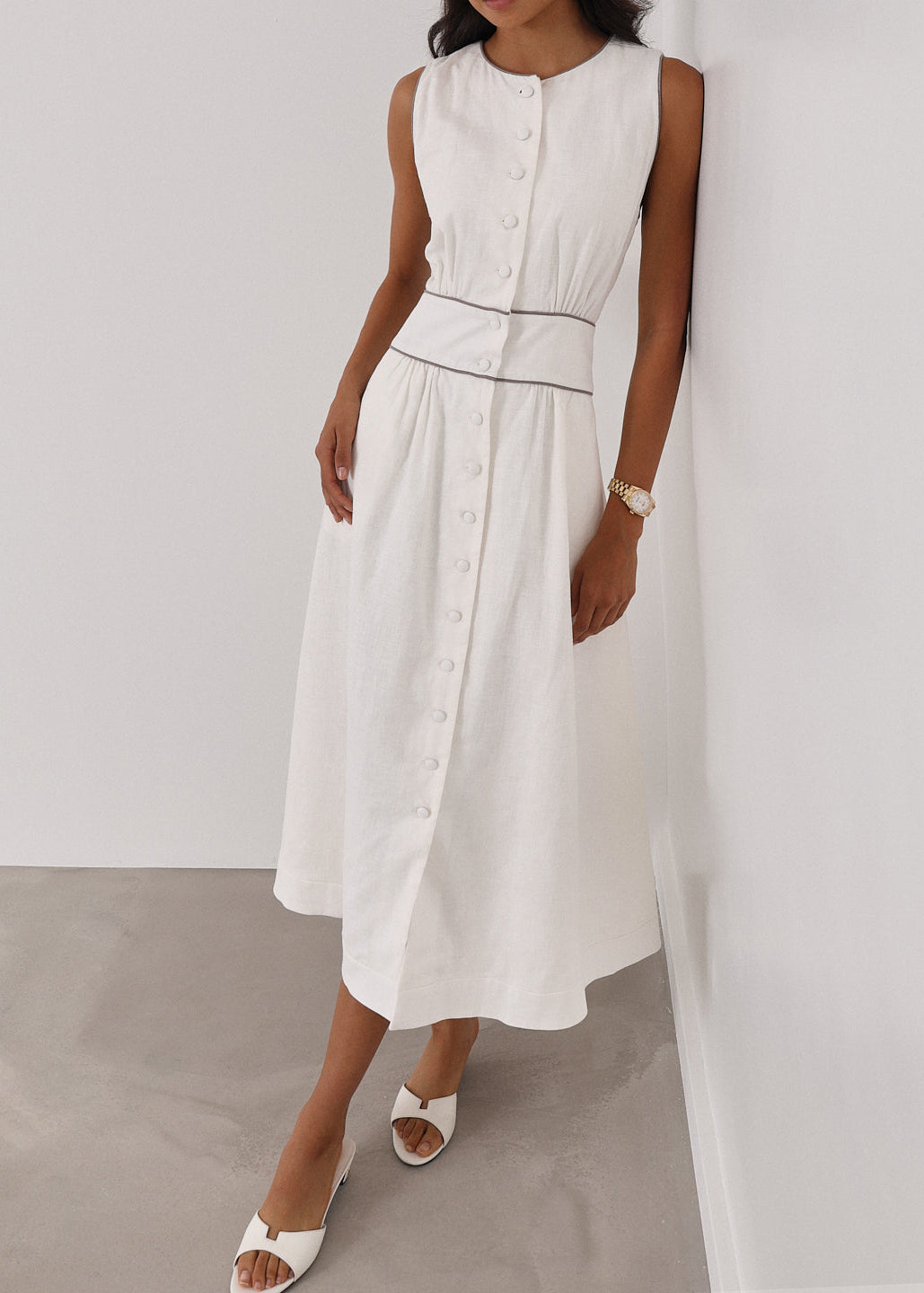 Arania Linen Contrast Trim Dress | White/Taupe