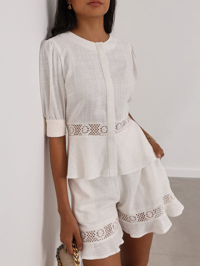 Anice Cotton Lace Trim Peplum Top | Ivory