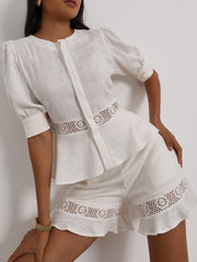 Anice Cotton Lace Trim Peplum Top | Ivory