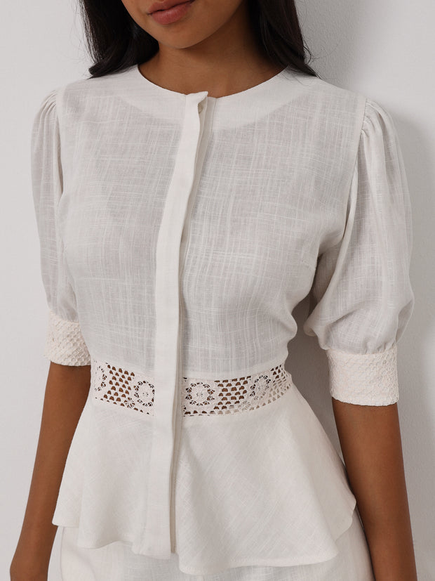 Anice Cotton Lace Trim Peplum Top | Ivory