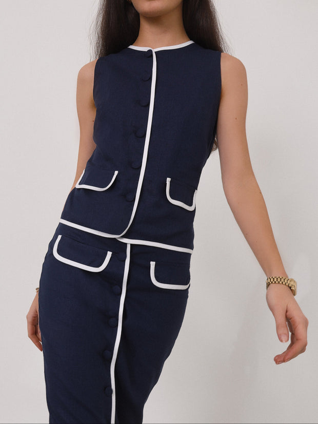 Darcy Contrast Waistcoat Top | Navy/White