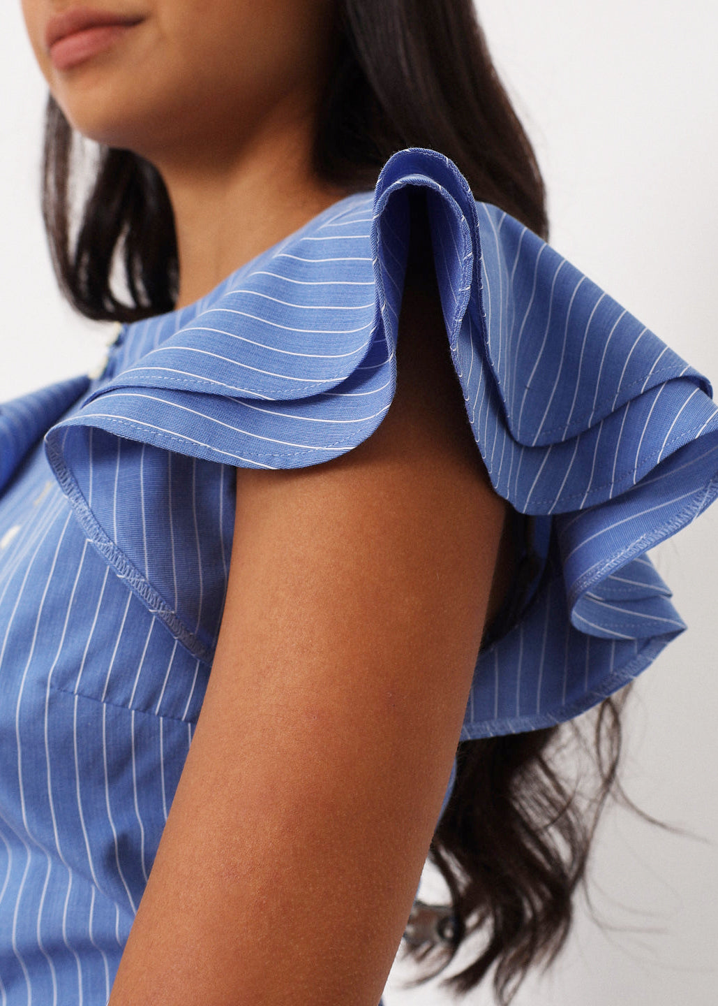 Liza Stripe Frill Sleeve Top | Blue/White