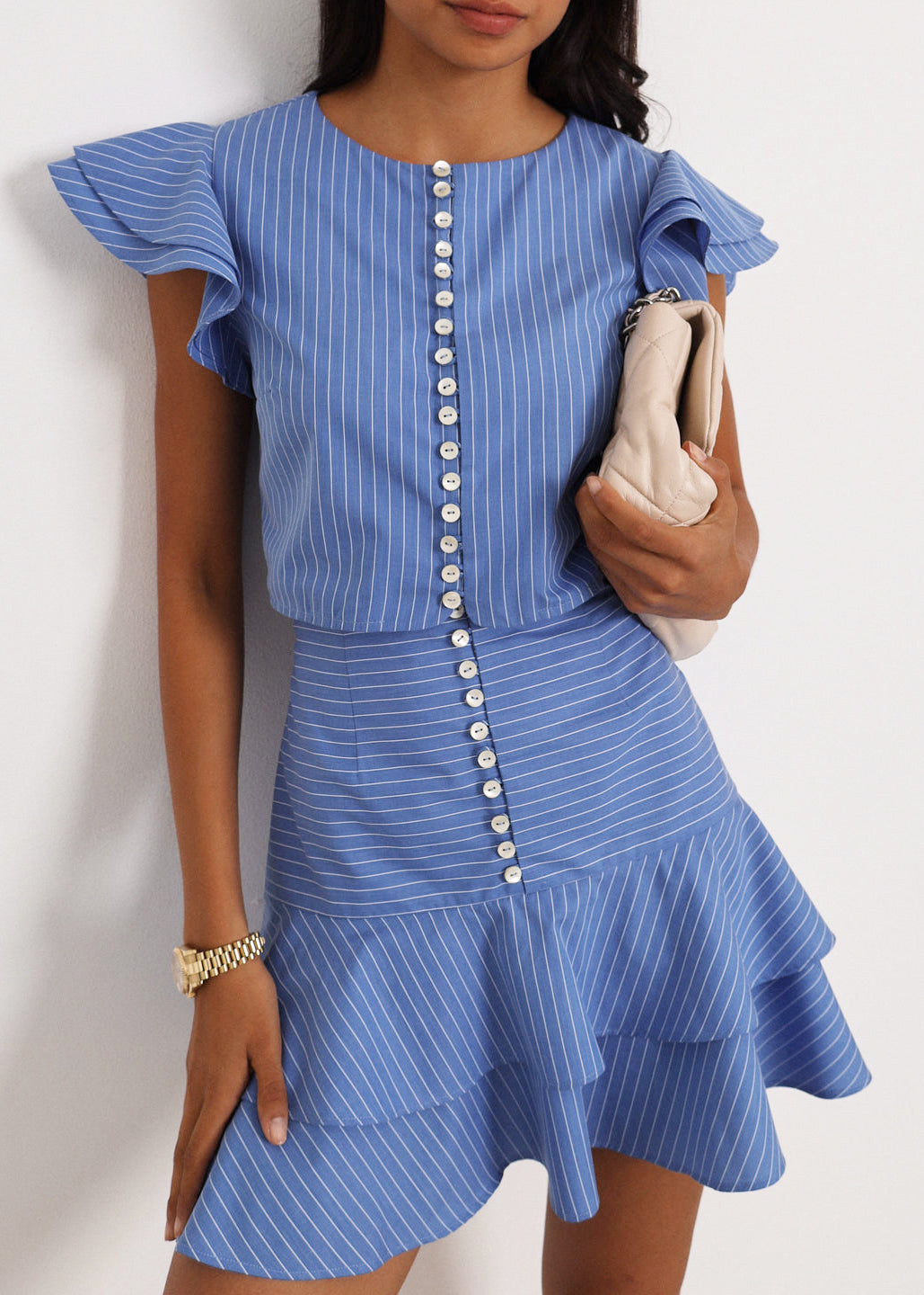 Liza Stripe Frill Sleeve Top | Blue/White