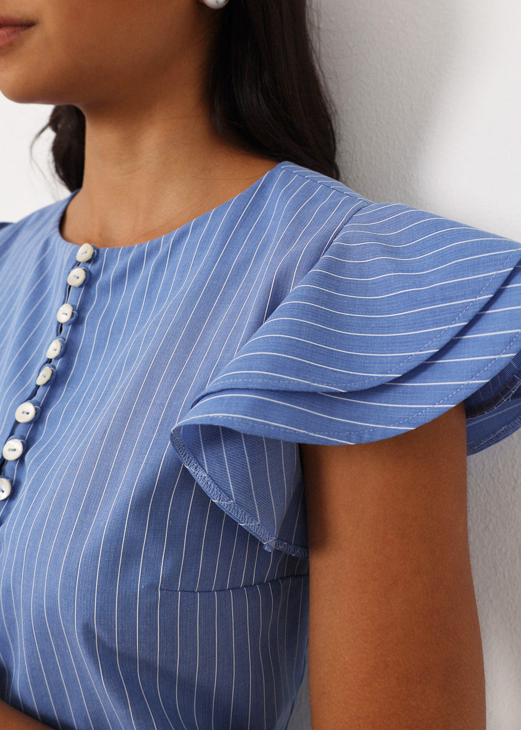 Liza Stripe Frill Sleeve Top | Blue/White