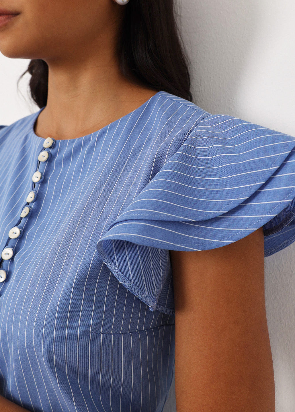 Liza Stripe Frill Sleeve Top | Blue/White