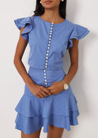 Liza Stripe Frill Sleeve Top | Blue/White