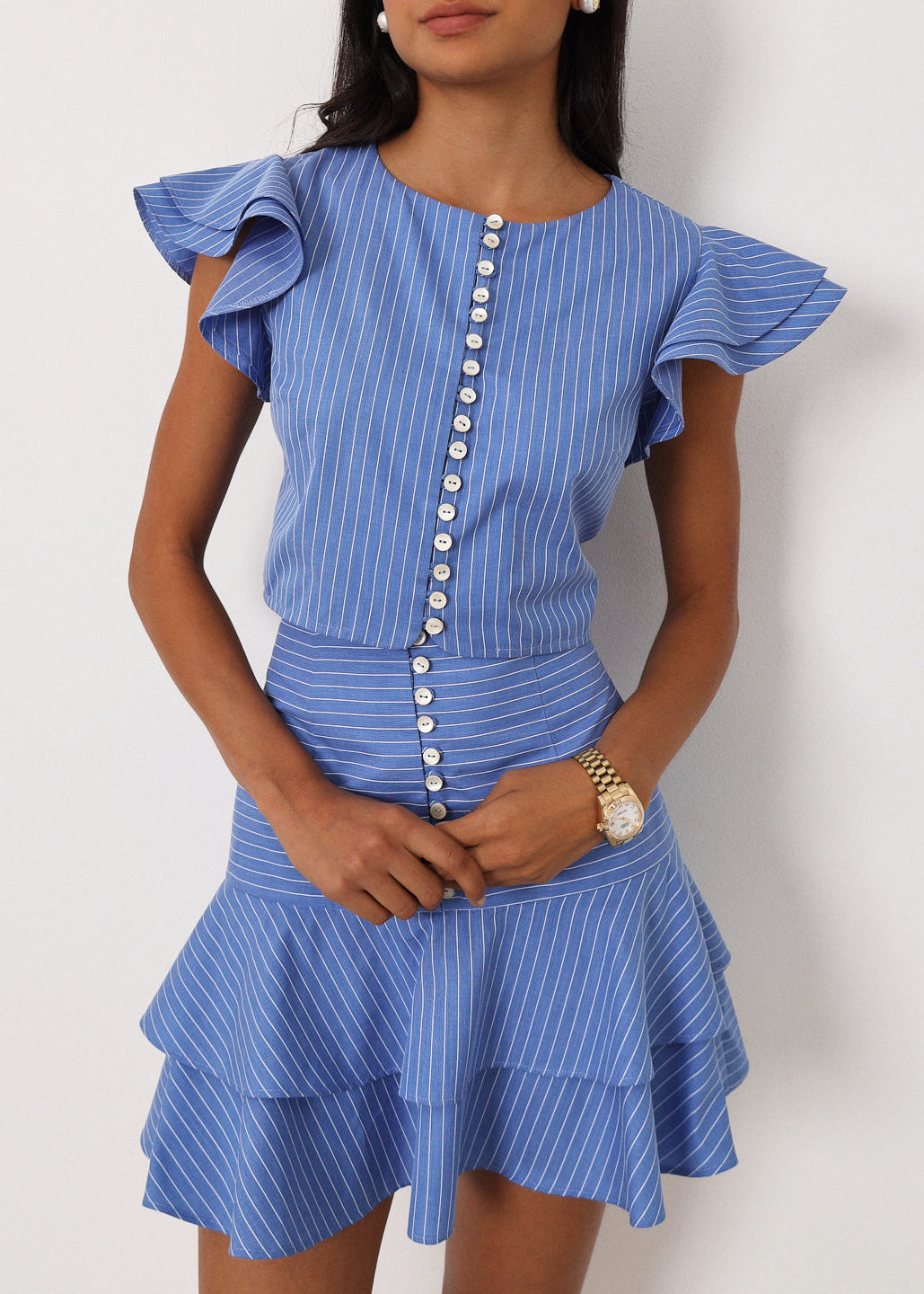 Liza Stripe Frill Sleeve Top | Blue/White
